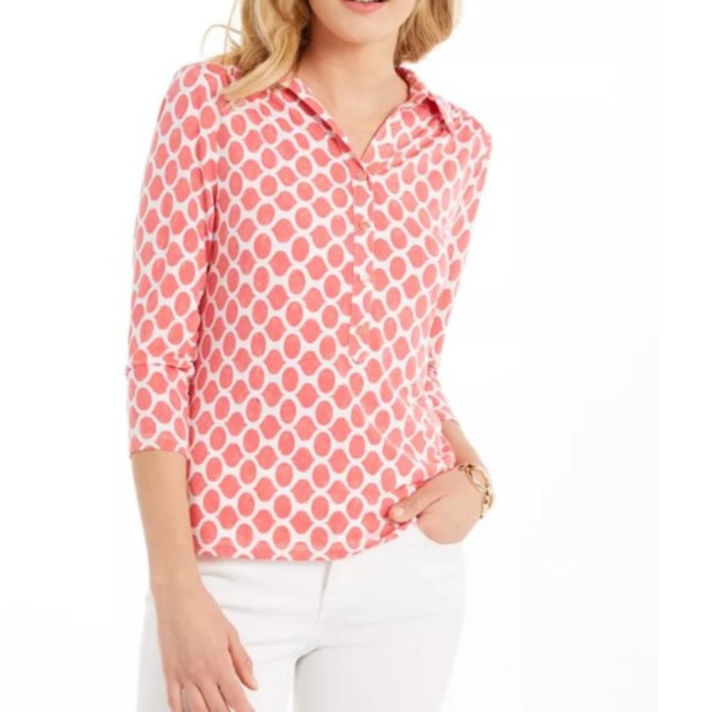 Charter Club Button Up Coral 3/4 Sleeve Polo Top Stretchy Size XL